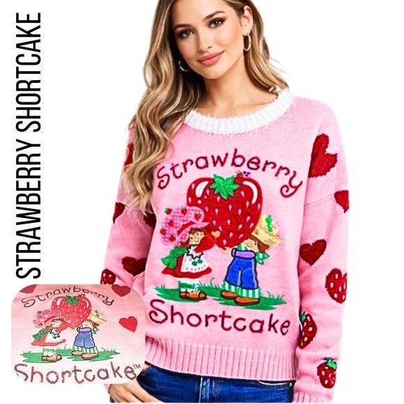 Strawberry Shortcake Sweaters - Cold Weather Strawberry Shortcake Pink Colorful Graphic Sparkle Sweater NEW